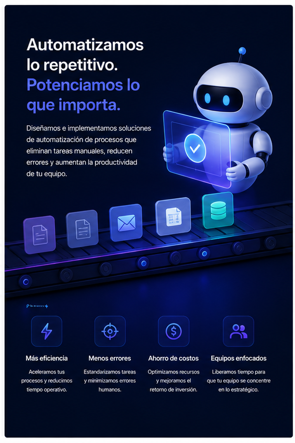 Automatización de tareas repetitivas para ganar eficiencia, reducir errores, ahorrar costos y enfocar al equipo en trabajo estratégico