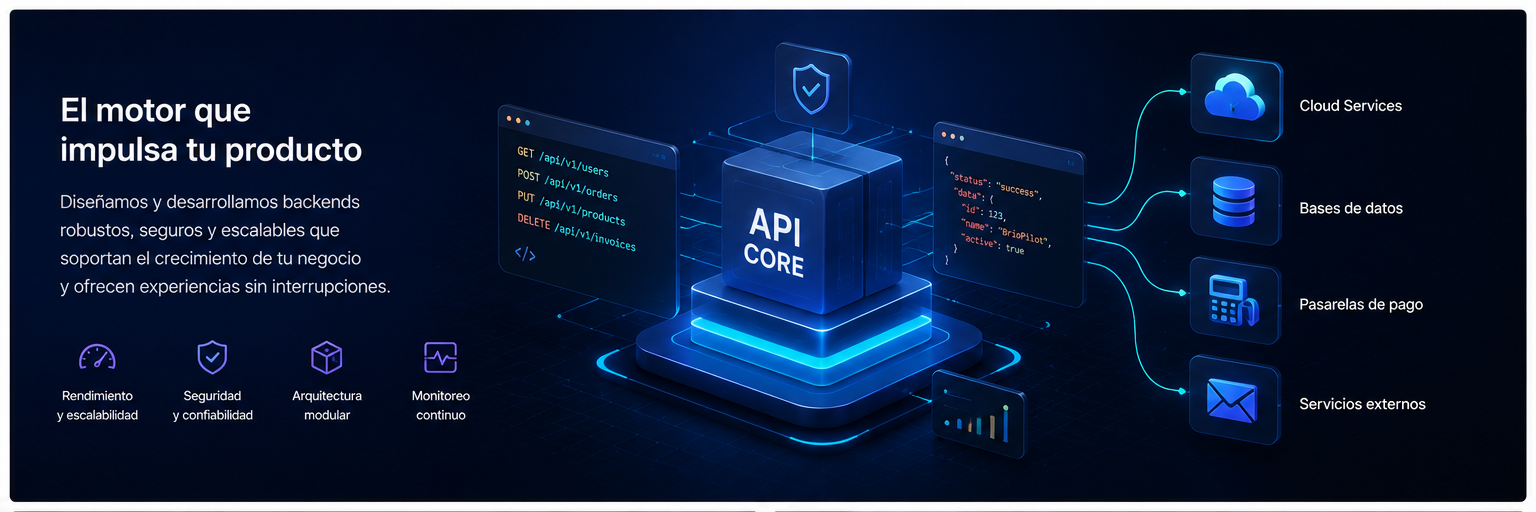 API Core robusta, segura y escalable conectada con servicios cloud, bases de datos, pasarelas de pago y servicios externos