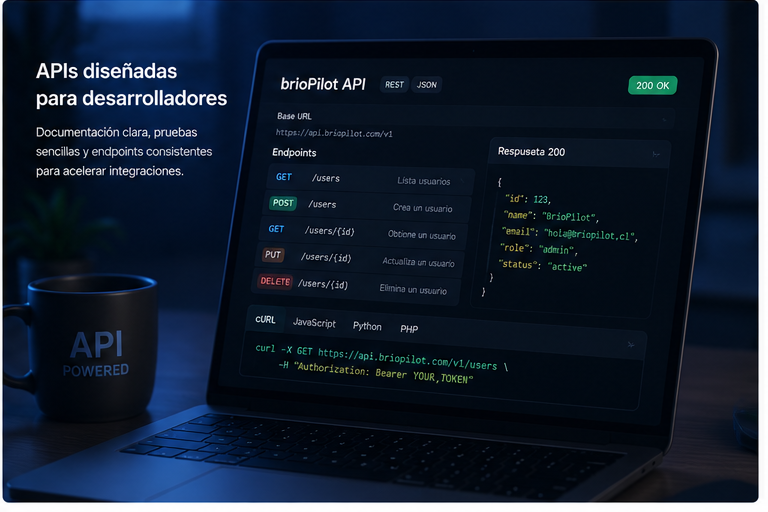 Documentación de API para desarrolladores con endpoints REST, respuestas, ejemplos de código y distintos lenguajes