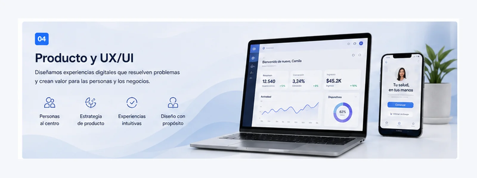 Producto y UX/UI: investigación, diseño, prototipado y validación representados en tres interfaces móviles